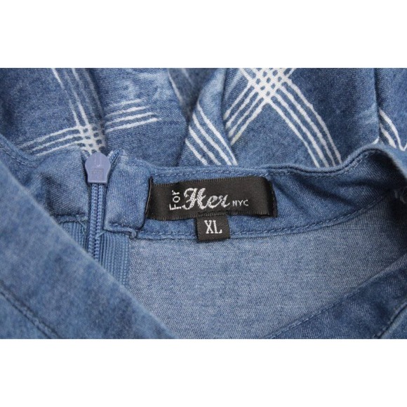 For Her NYC Blouse Top XL High Low Hem Chambray Blue Tie Dyed Plaid Cape-like - Picture 7 of 9